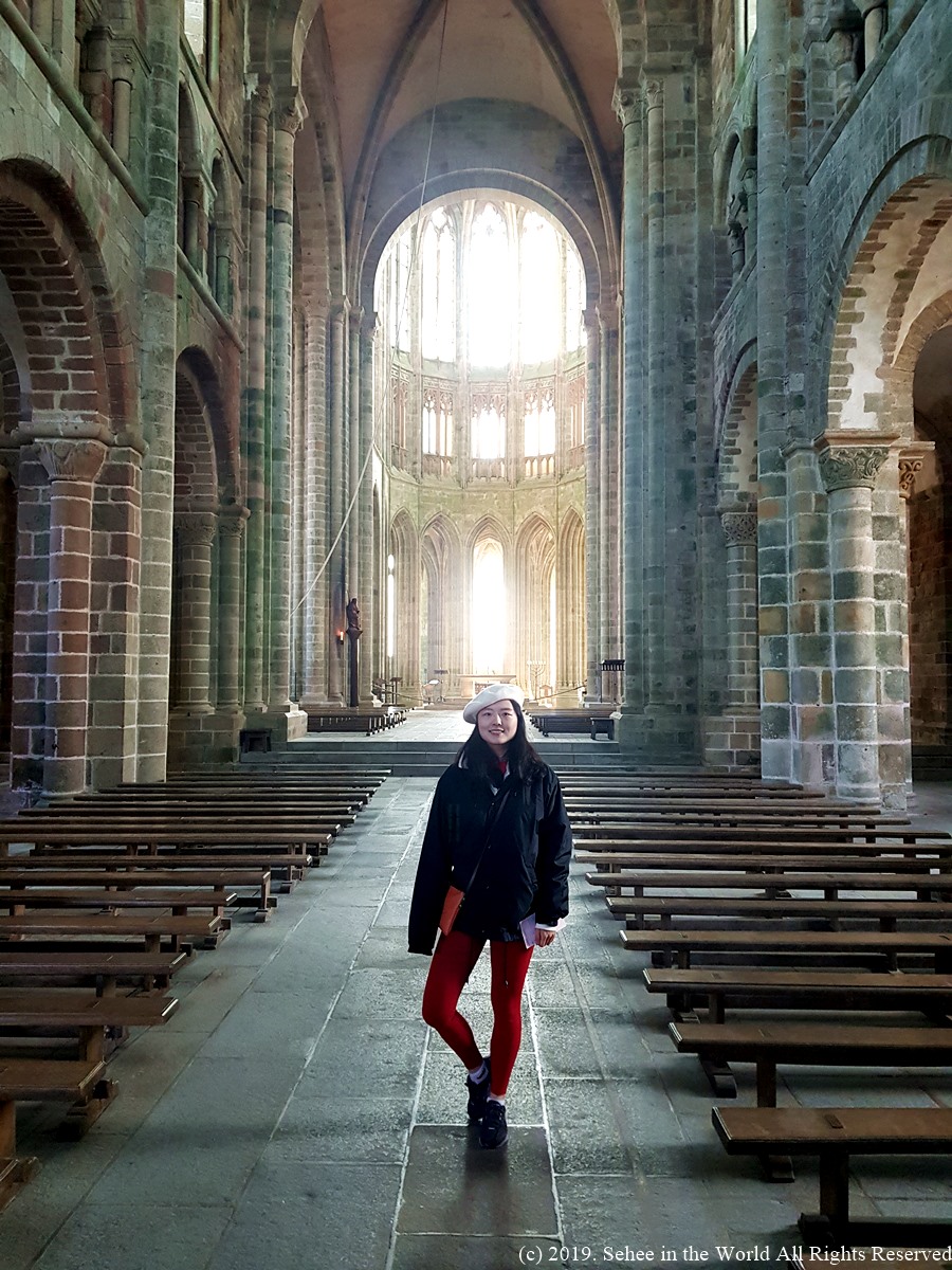 Me at the Mont Saint Michel Abbey Church in the morning - Sehee in the World blog