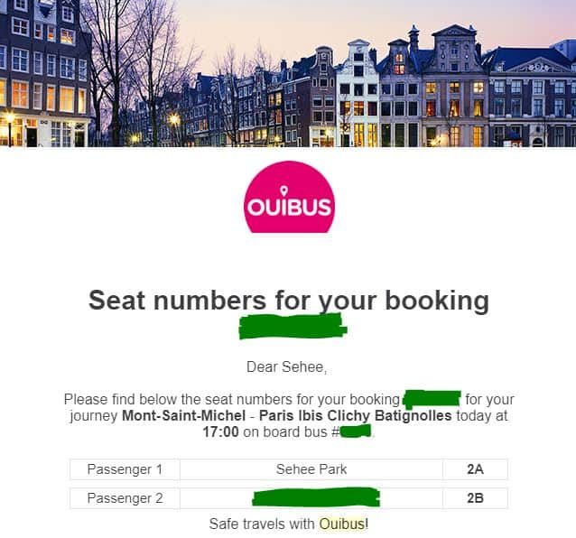 Oui Bus Review (Mont Saint-Michel to Paris) - seating email - Sehee in the World