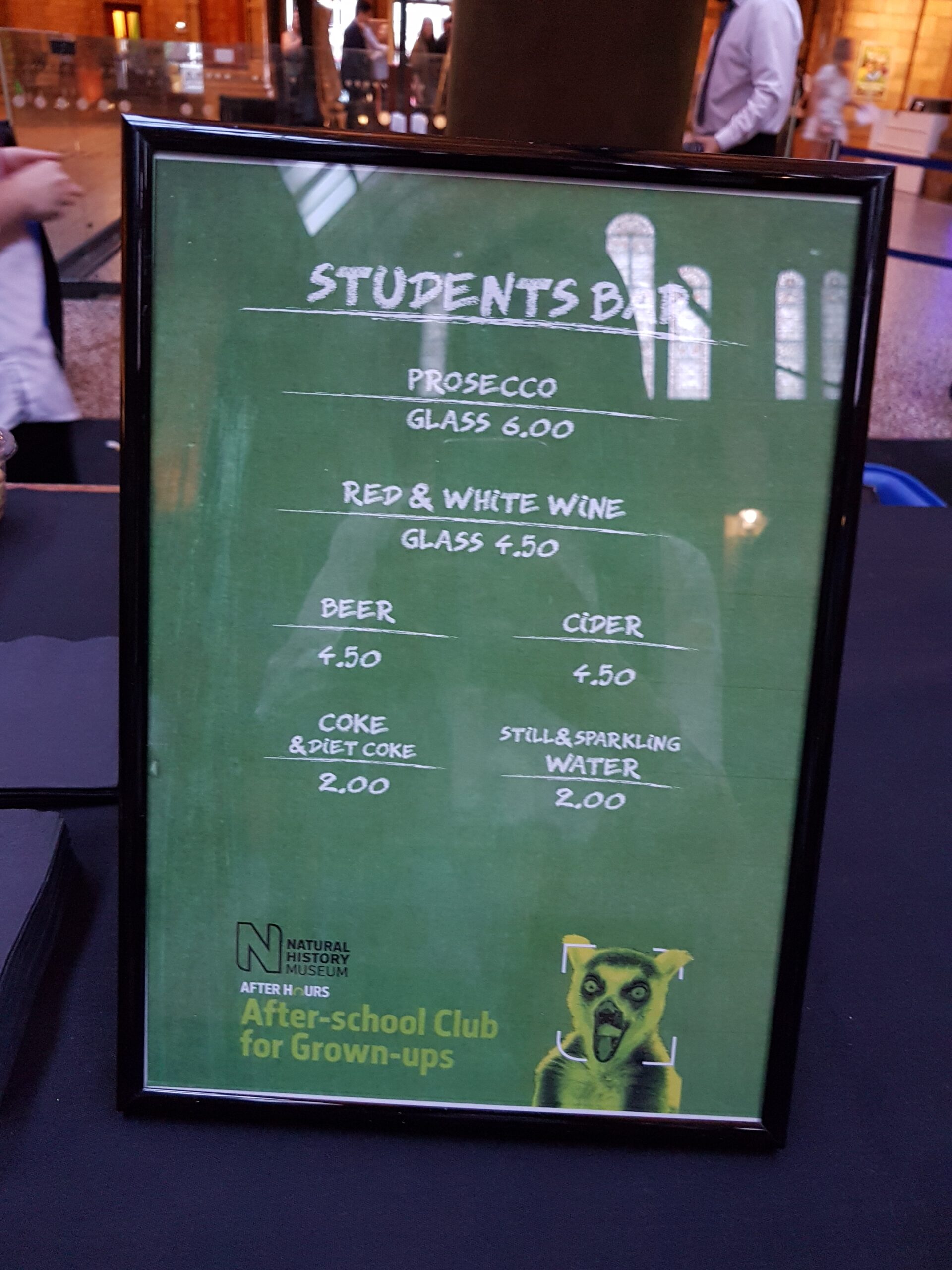 Drink menu at the event at NHM