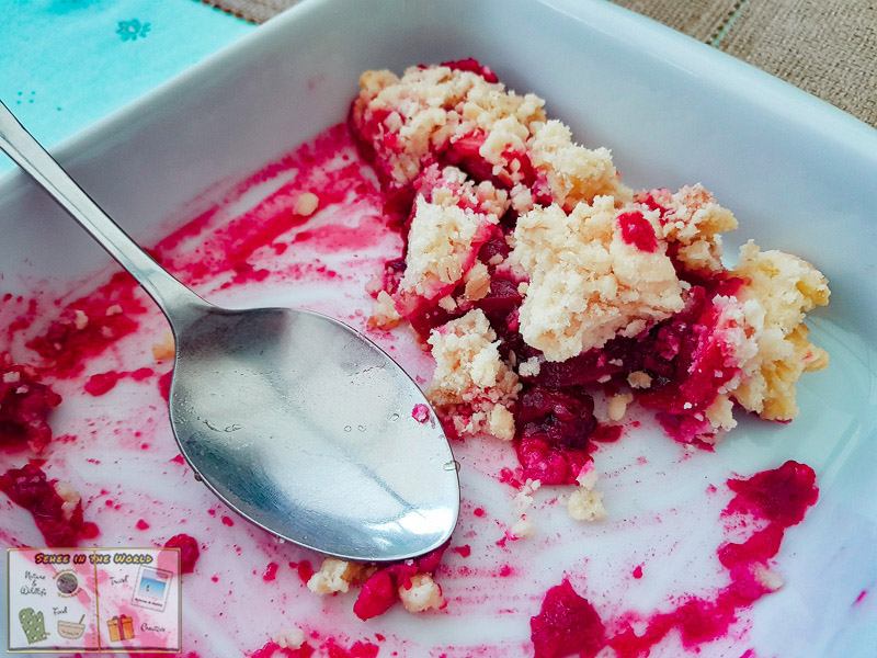 Homebaked blackberry and apple crumble using wild blackberries we picked - photo taken by me, Sehee in the World