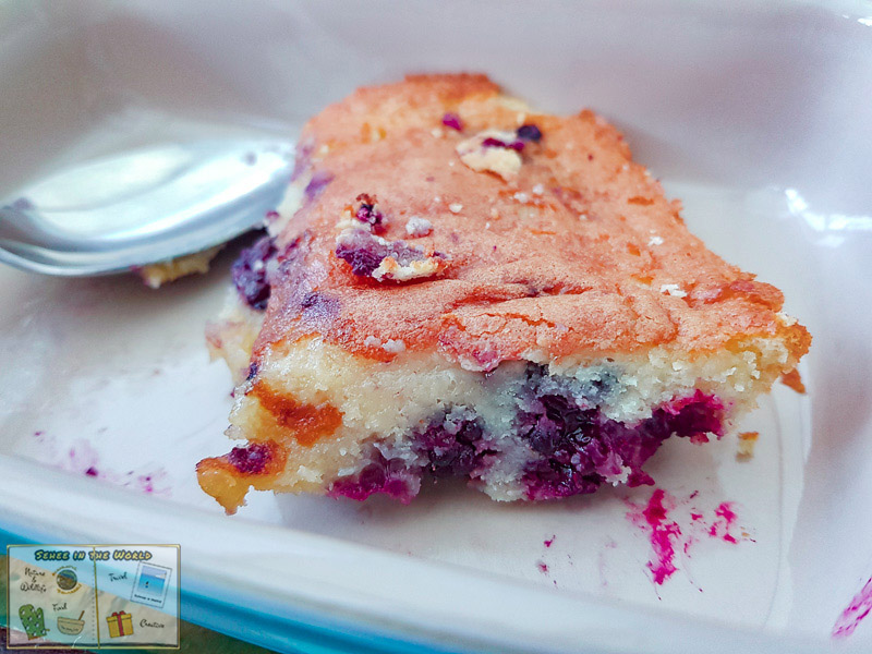 Homebaked blackberry clafoutis using wild blackberries we picked - photo taken by me, Sehee in the World