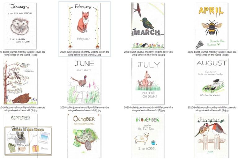 collection of my 2020 bullet journal monthly cover designs - wildlife theme
