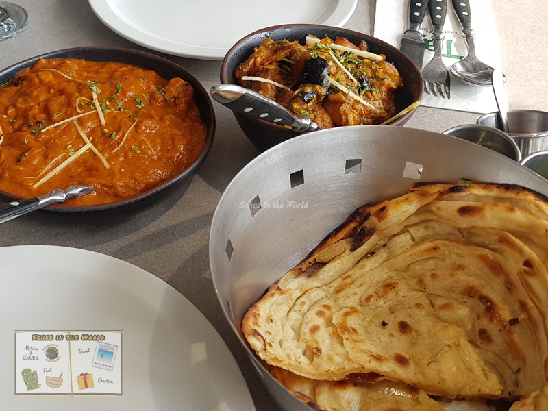 Taj's main dishes: fish tikka masala, aloo baingan masala with rice and paratha - Indian Restaurant in Seoul (Sehee in the World)