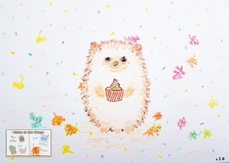 Creative DIY gift ideas - hand-drawn birthday card: a hedgehog with a birthday cupcake and autumn leaves-Sehee in the World