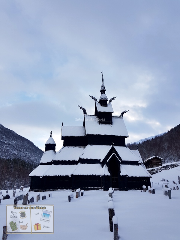 Portrait photo of Borgund Stave Church, looking impressive with the snow-covered roofs: Norway winter trip - Sehee in the World